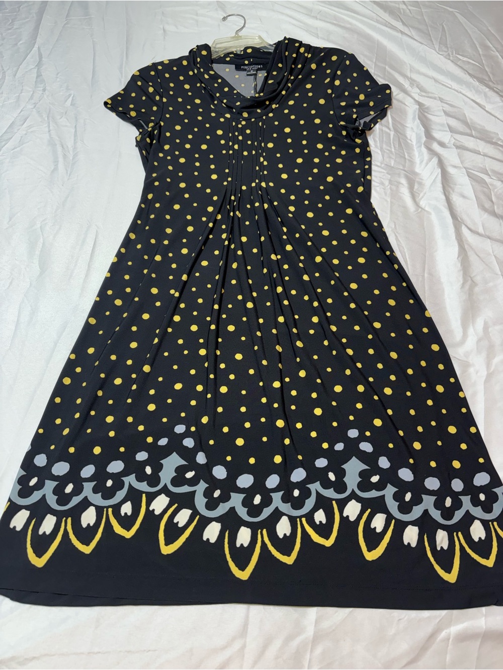 Perceptions Polka Dot Dress Size 12 Black Yellow Midi Stretch